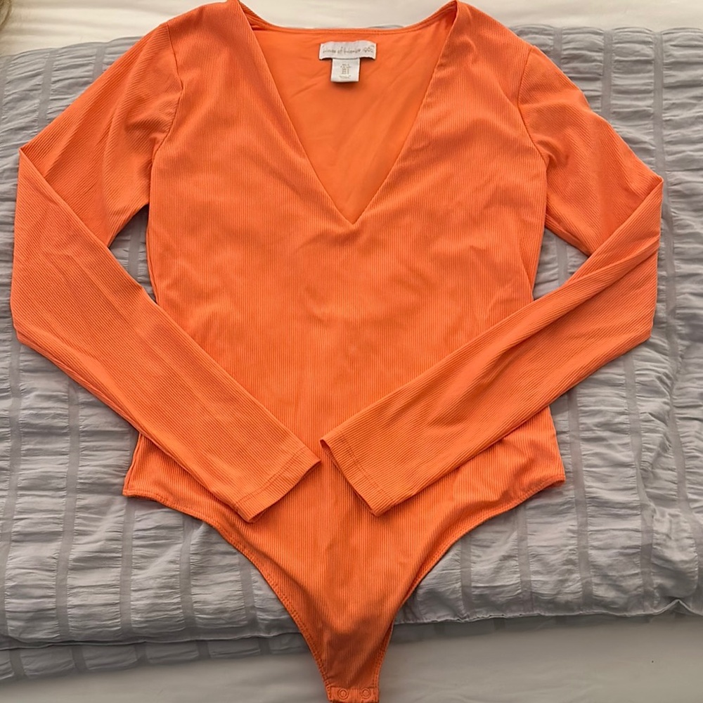 Orange Ribbed Long Sleeve V-Neck Bodysuit
